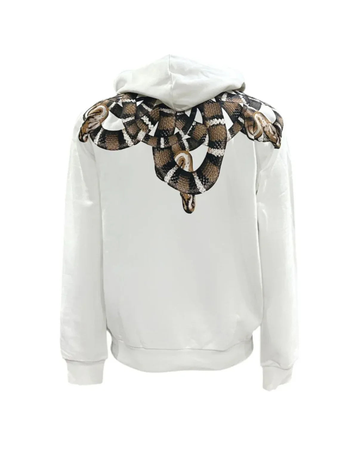 Felpa bianca unisex con cappuccio e stampa serpente dorato sulle spalle, moda streetwear