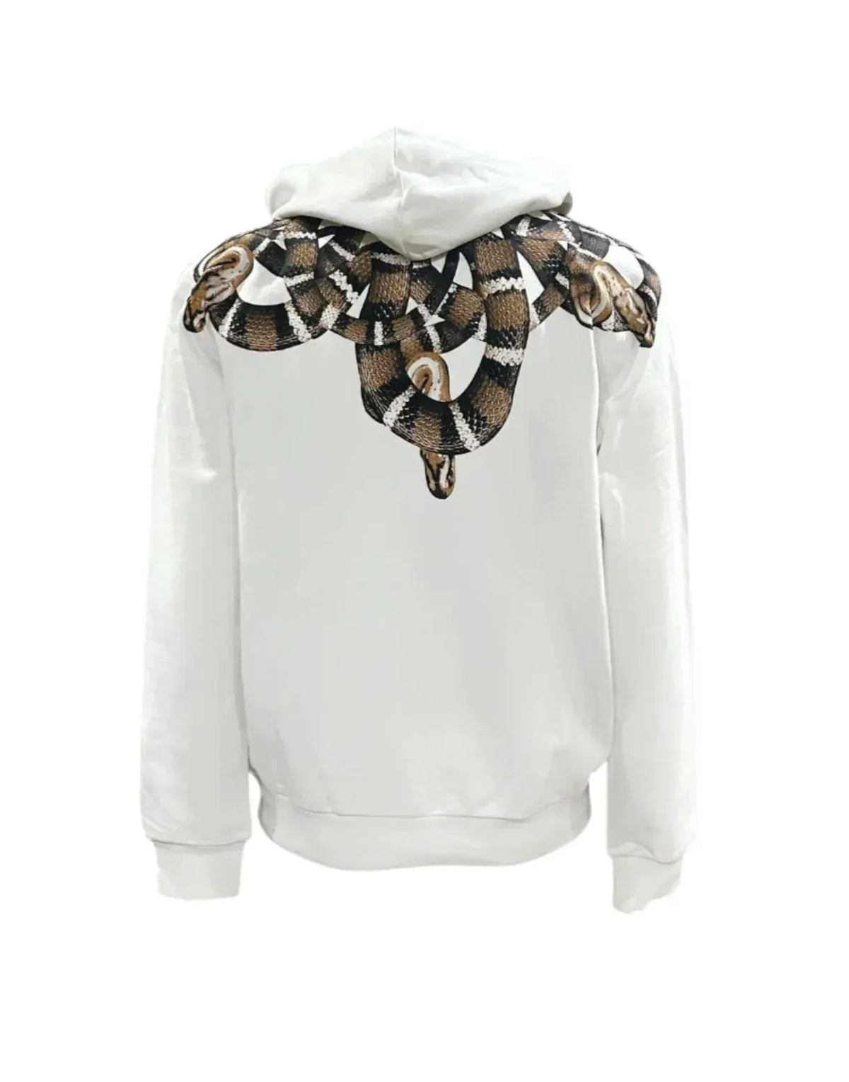 Felpa bianca unisex con cappuccio e stampa serpente dorato sulle spalle, moda streetwear