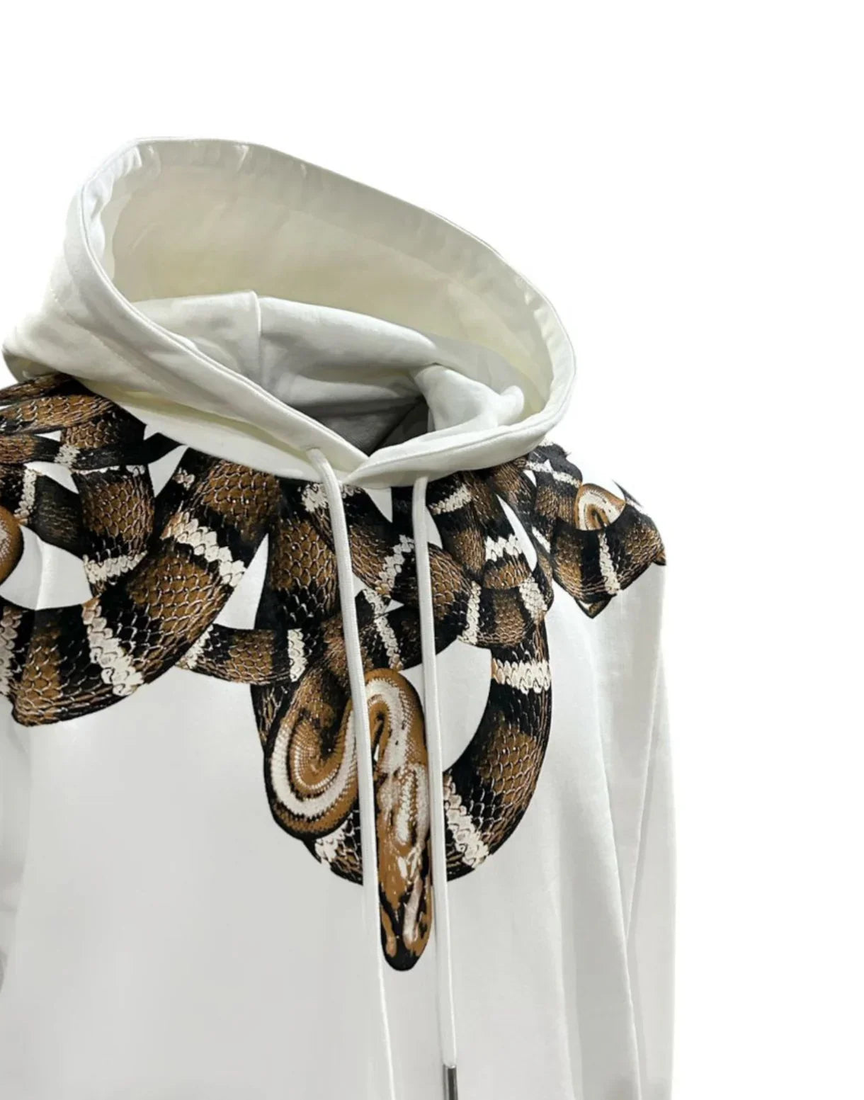 Felpa bianca con cappuccio e stampa serpente dorato sulle spalle e sul petto