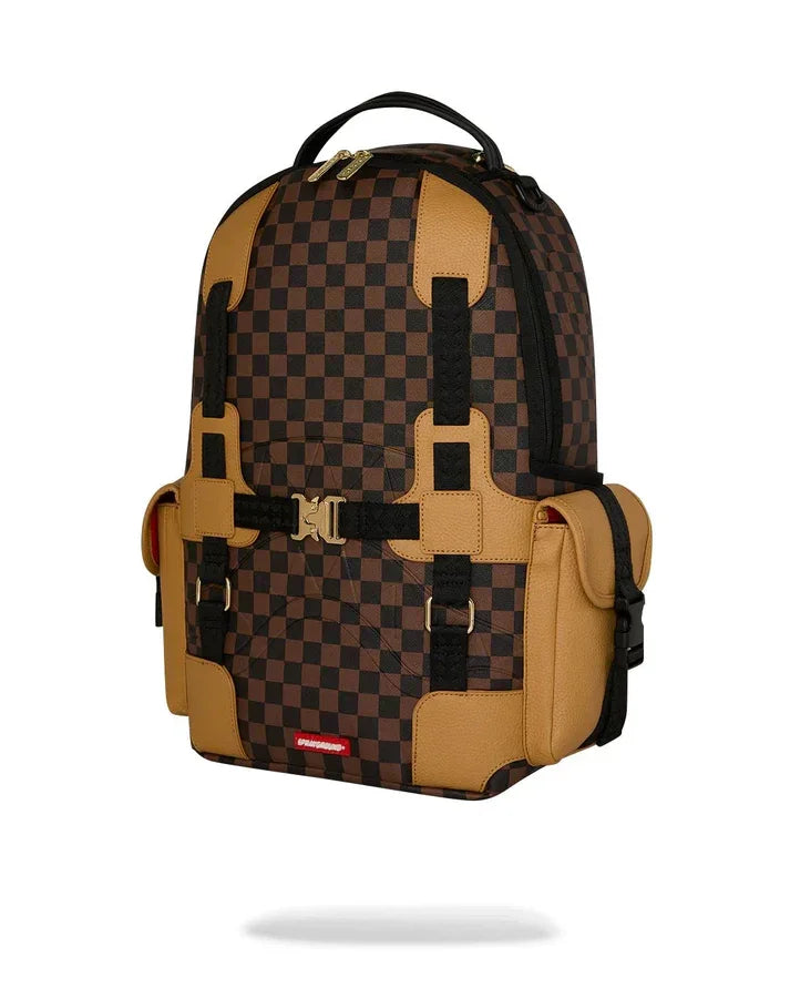 Zaino da uomo elegante, motivo a scacchi marrone, inserti in pelle beige, accessori neri e dorati