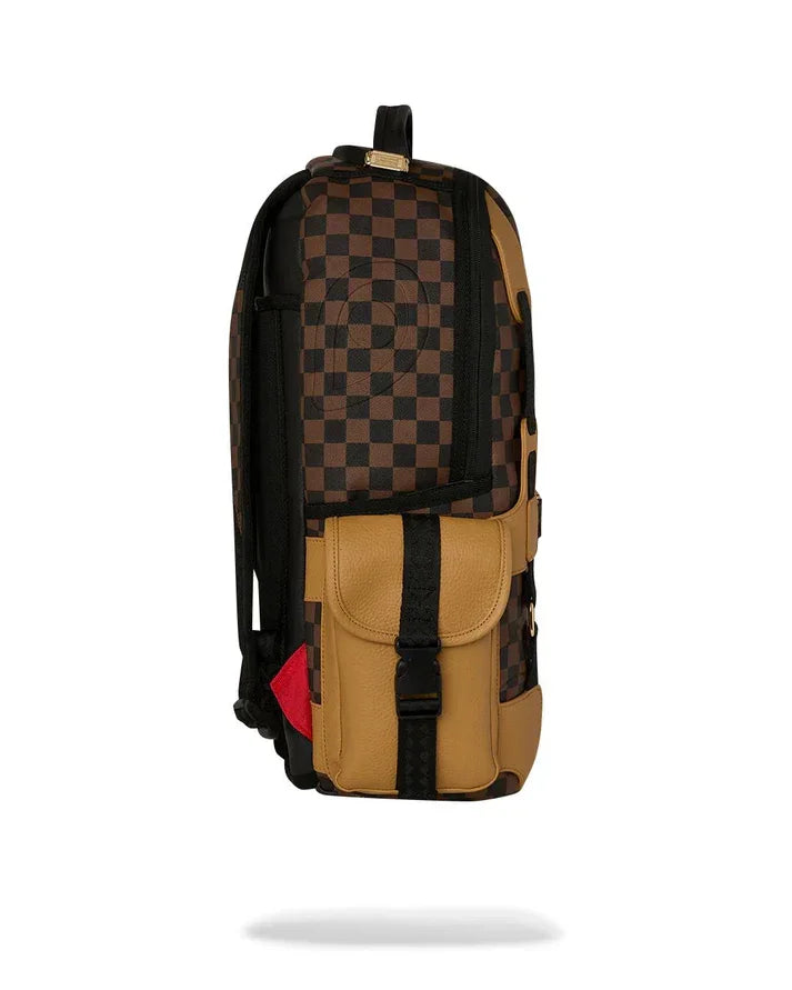 Zaino uomo a scacchi marrone e beige con tasca frontale, stile elegante, accessorio moda
