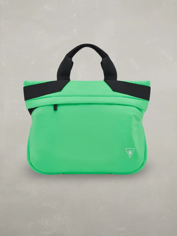 Borsa shopper verde fluo con manici neri, design moderno, accessori moda uomo donna