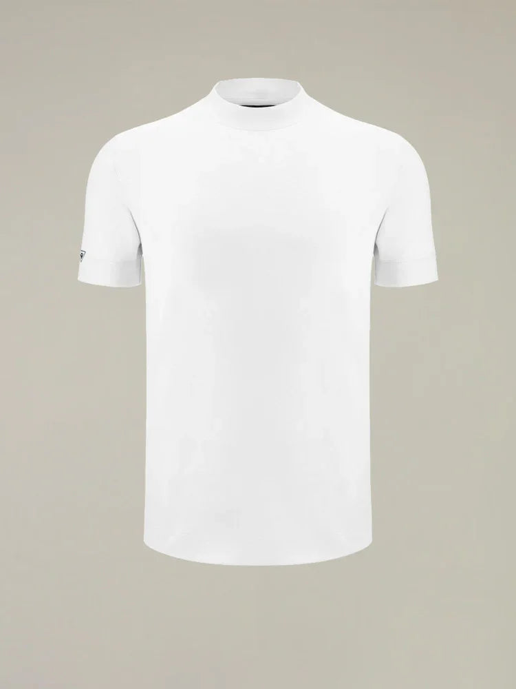 T-shirt bianca uomo, manica corta, collo alto minimalista, moda abbigliamento Made in Italy