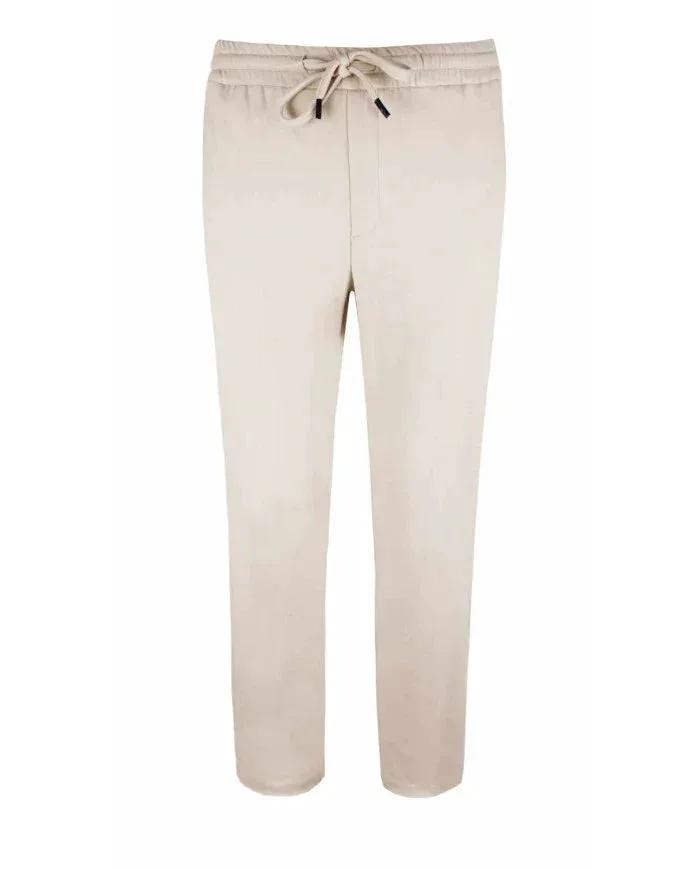 Pantalone uomo beige elegante con laccio in vita, stile jogger, vestibilità moderna.