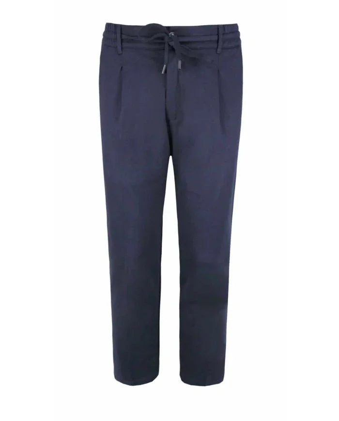 Pantalone blu uomo con pince e laccio in vita, stile elegante Made in Italy