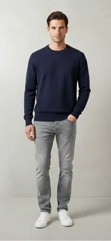 Maglia girocollo uomo blu notte in viscosa, abbinata a jeans grigi e sneakers bianche.