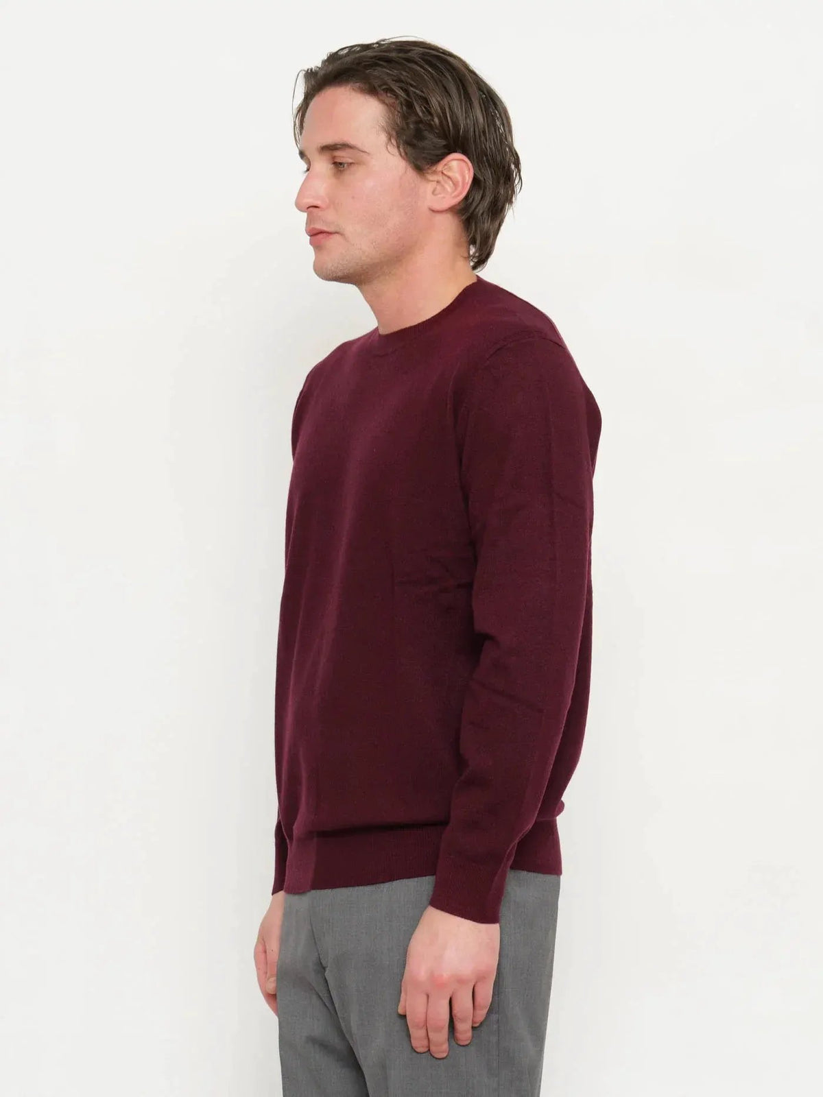 Maglione uomo color prugna a maniche lunghe, abbigliamento elegante su modello