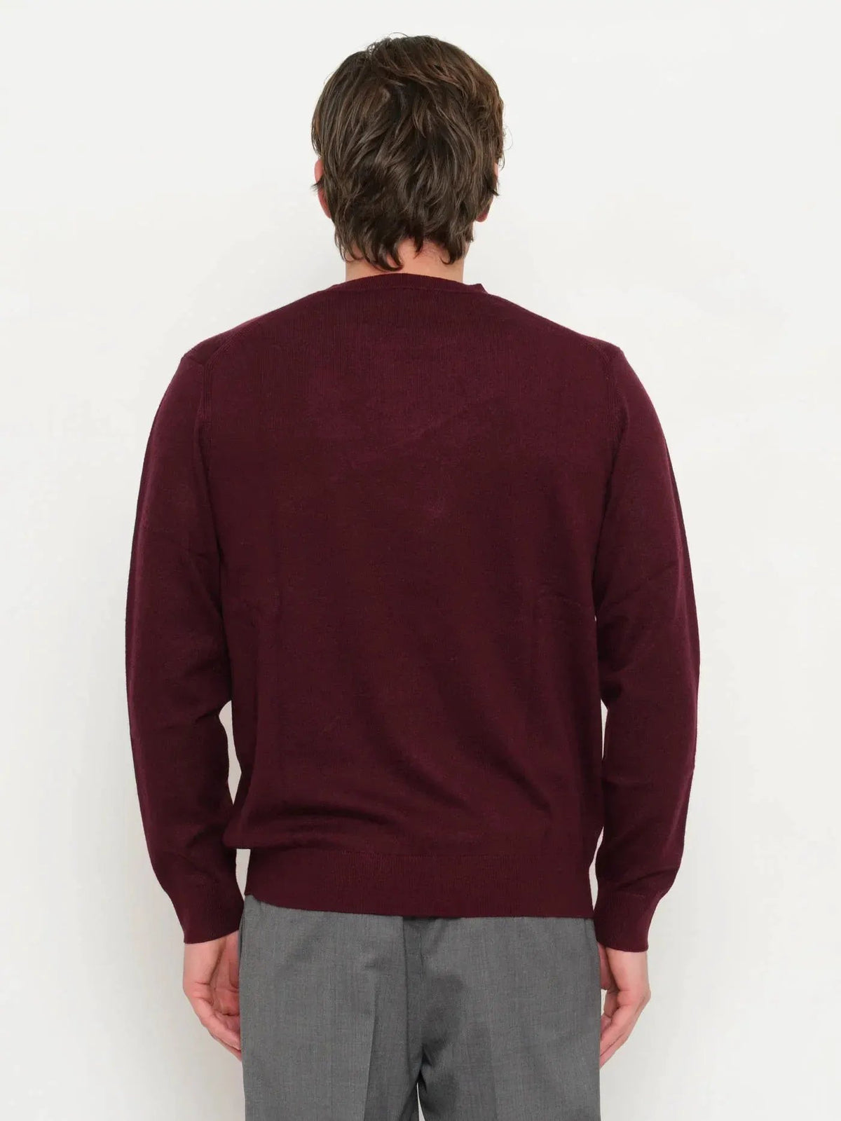 Maglione uomo color prugna in lana, visto da dietro, abbigliamento elegante