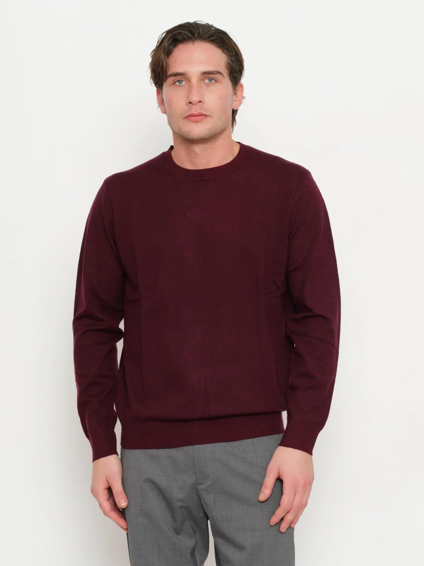 Maglione uomo color prugna a maniche lunghe, vestibilità classica, moda elegante