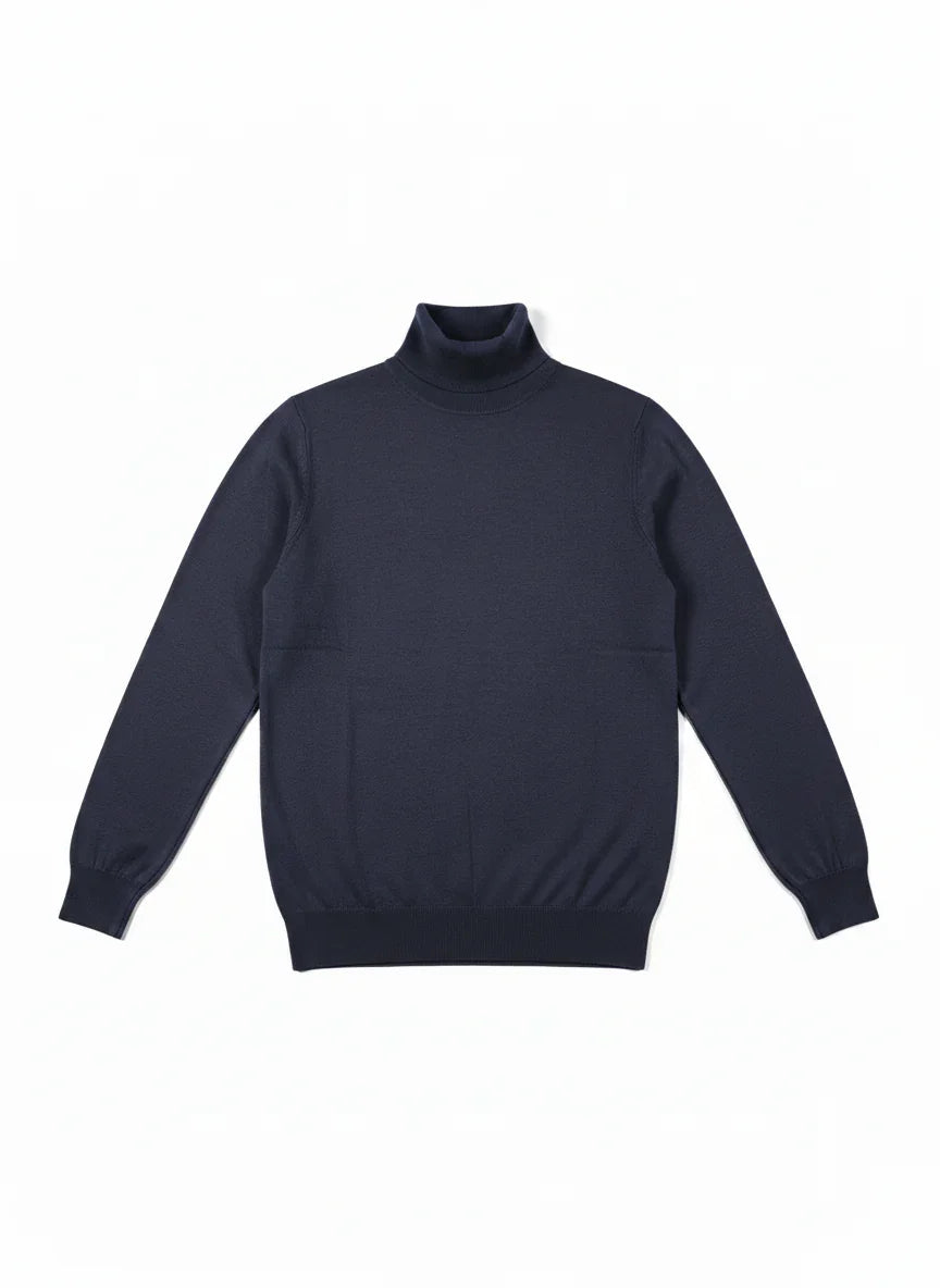 Maglia dolcevita uomo blu notte, manica lunga, maglione tinta unita elegante.