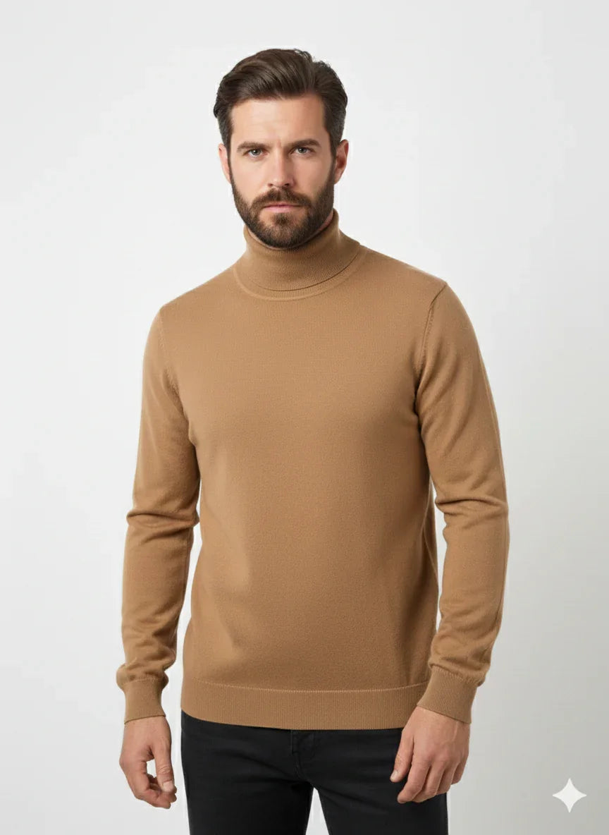 Maglione dolcevita uomo cammello, manica lunga, outfit moda autunno inverno elegante