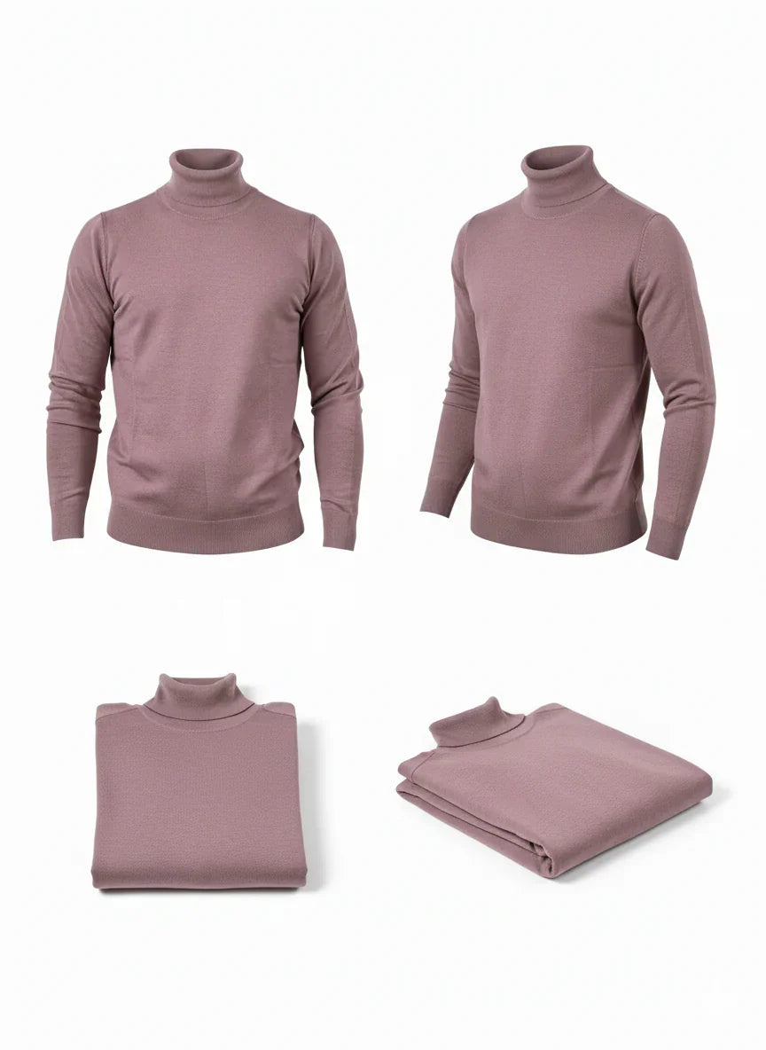 Maglione dolcevita uomo color cipolla, lavorazione fine, diverse angolazioni.