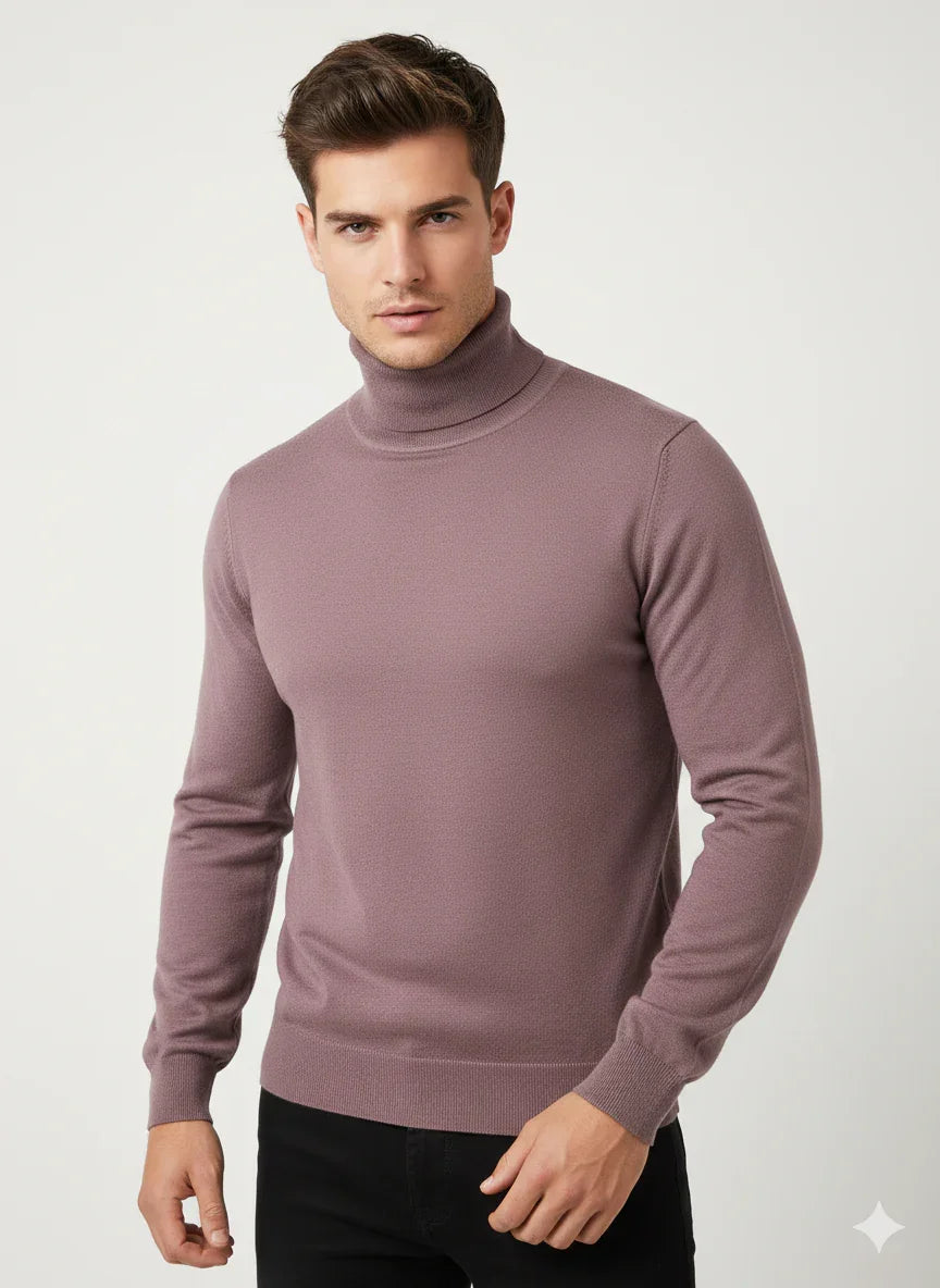 Maglione dolcevita uomo color cipolla, maniche lunghe, stile elegante, sfondo neutro