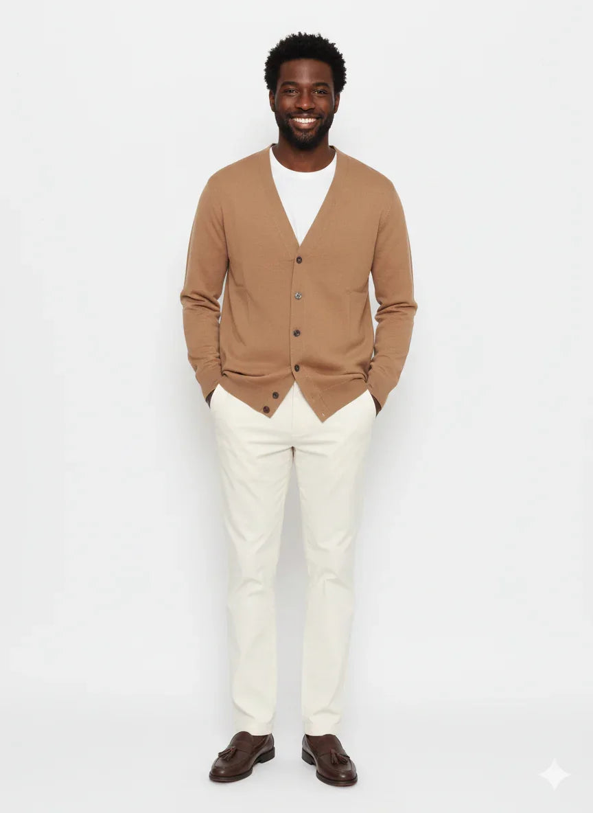 Cardigan cammello da uomo con bottoni, indossato su t-shirt bianca e pantaloni chiari