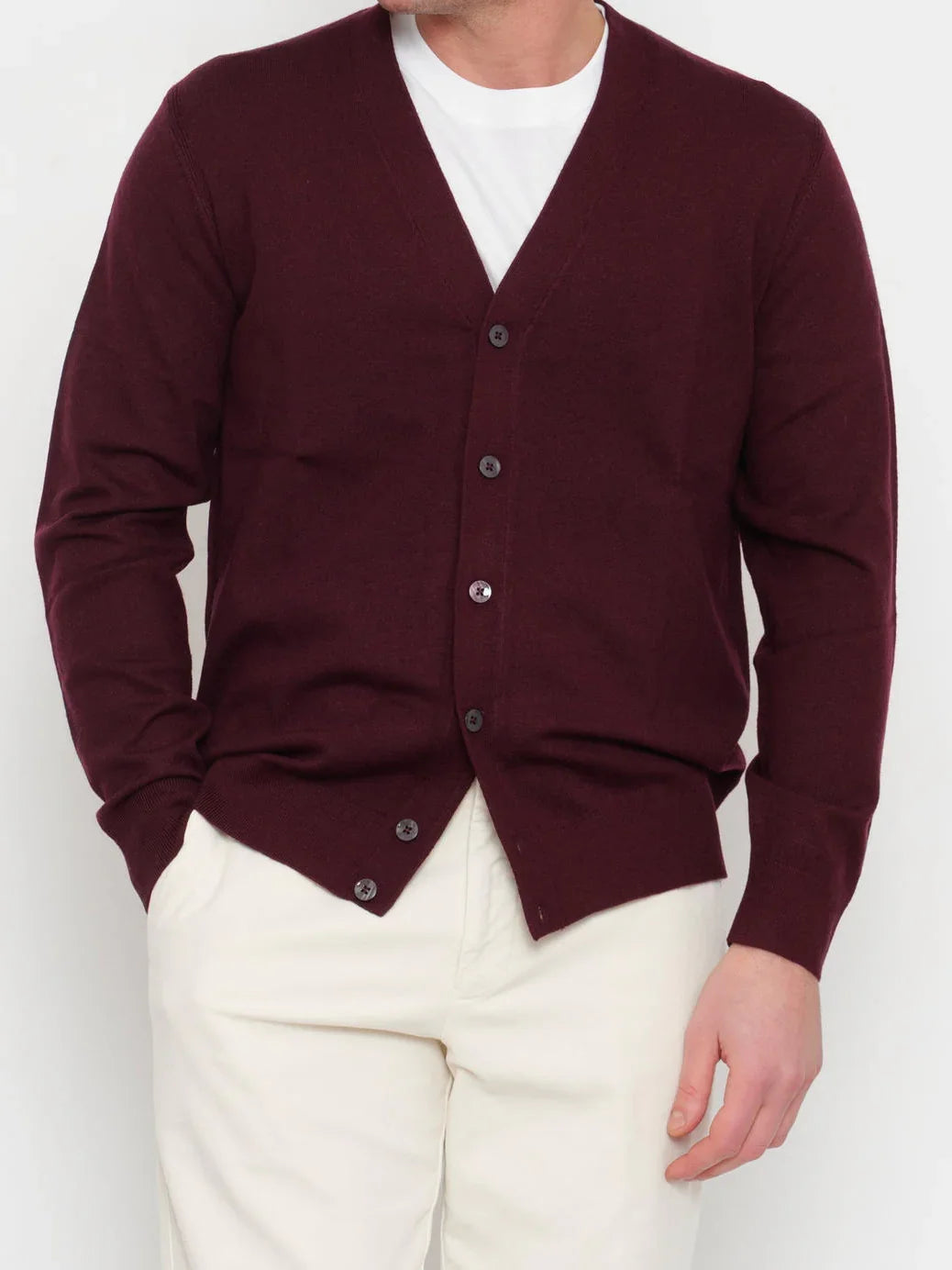Cardigan uomo prugna con bottoni, vestibilità regular, abbigliamento elegante casual
