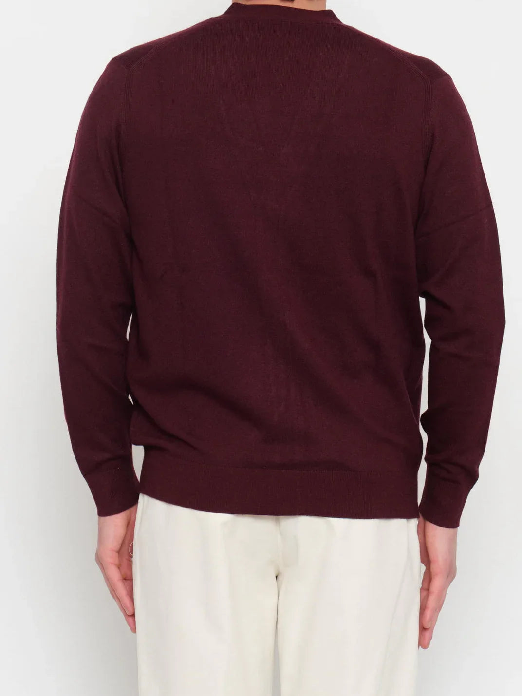 Cardigan uomo prugna manica lunga, retro, su pantaloni chiari, stile elegante