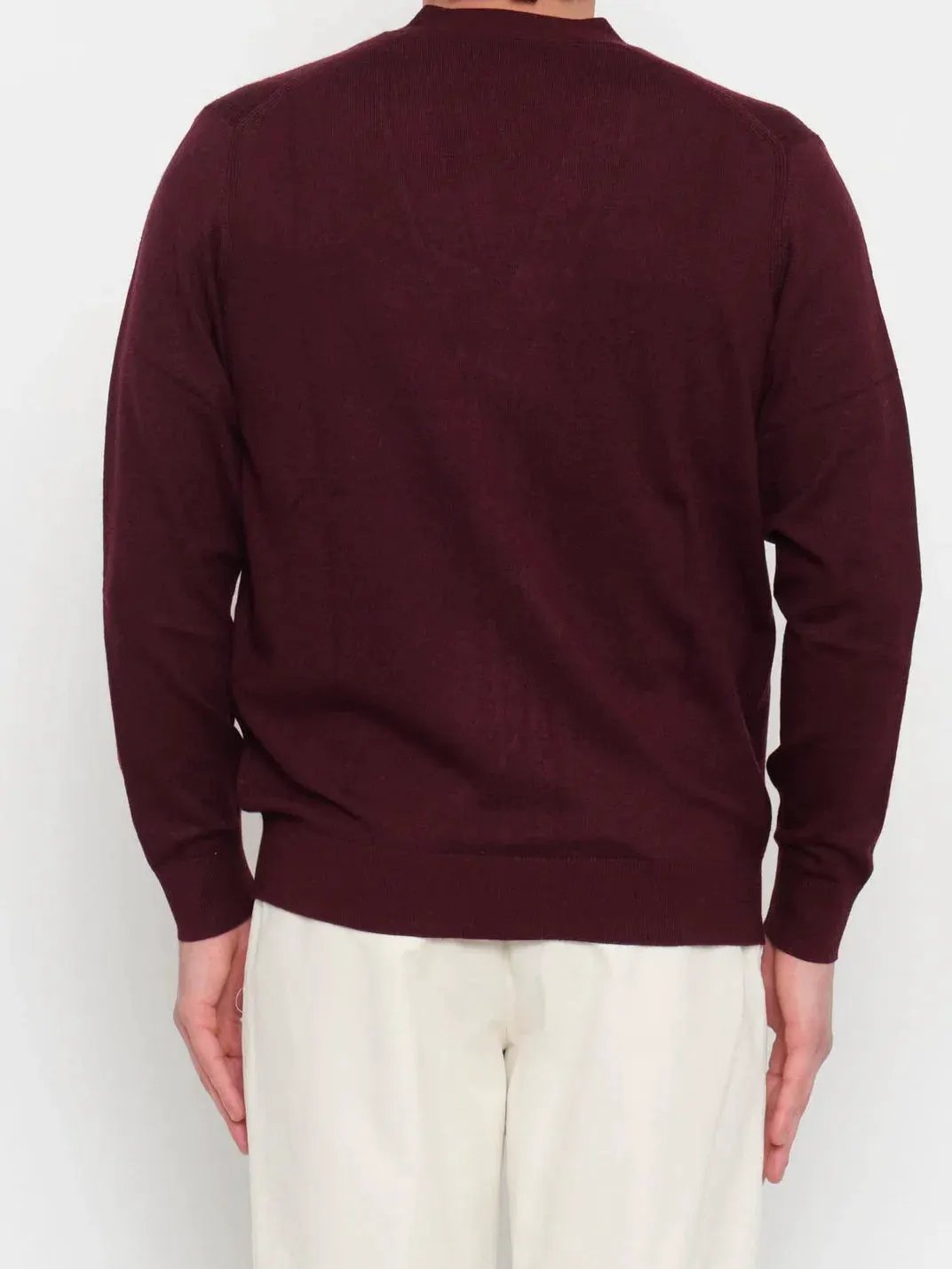 Cardigan uomo prugna manica lunga, retro, su pantaloni chiari, stile elegante