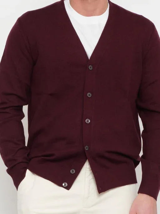 Cardigan uomo prugna in maglia, girocollo, con bottoni, stile casual elegante
