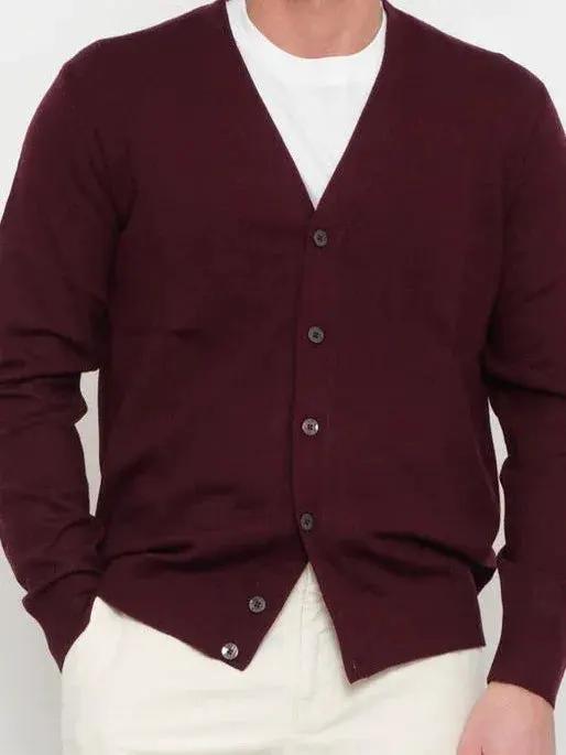 Cardigan uomo prugna in maglia, girocollo, con bottoni, stile casual elegante