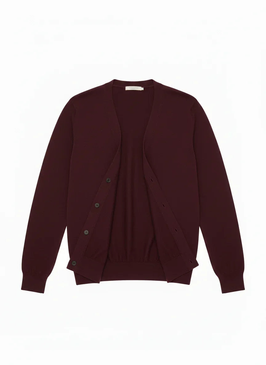 Cardigan uomo color prugna con bottoni, stile elegante, perfetto per outfit autunnali