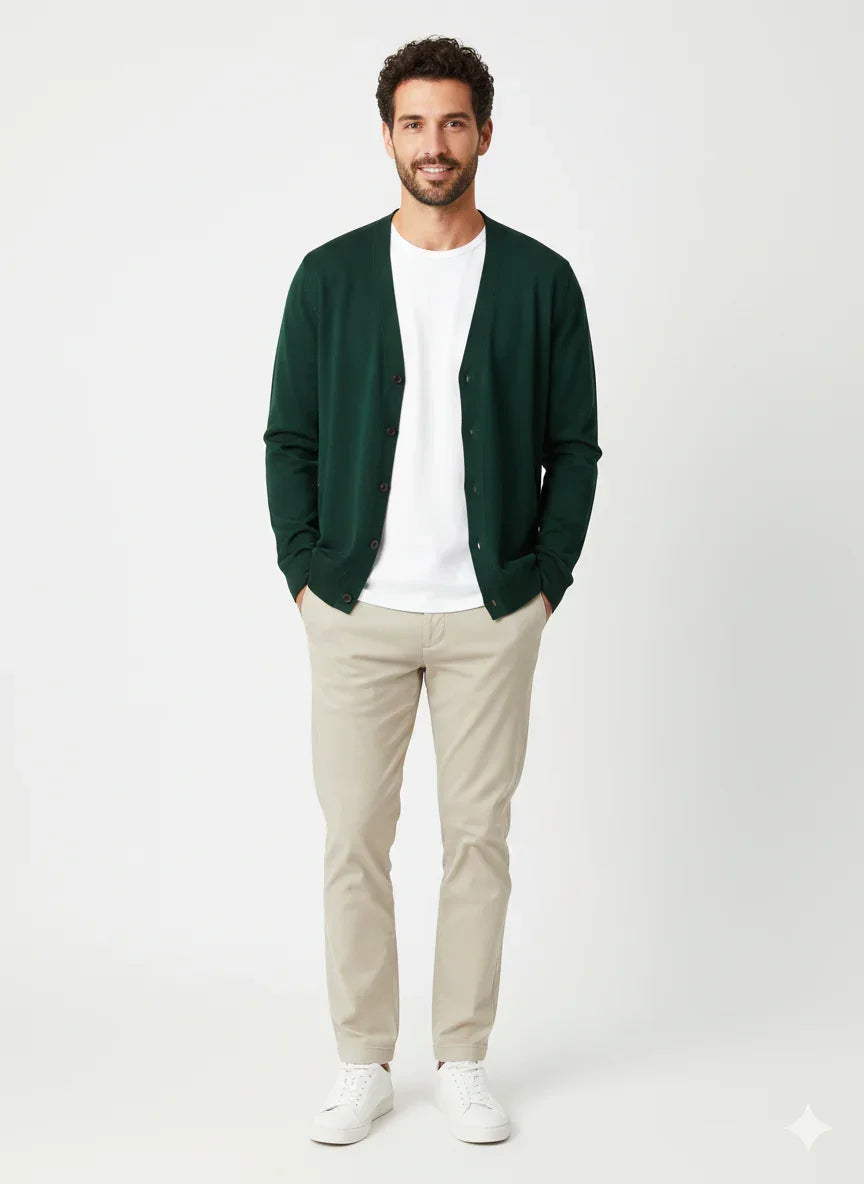 Cardigan verde bosco uomo, abbinato a t-shirt bianca e pantaloni beige, moda casual