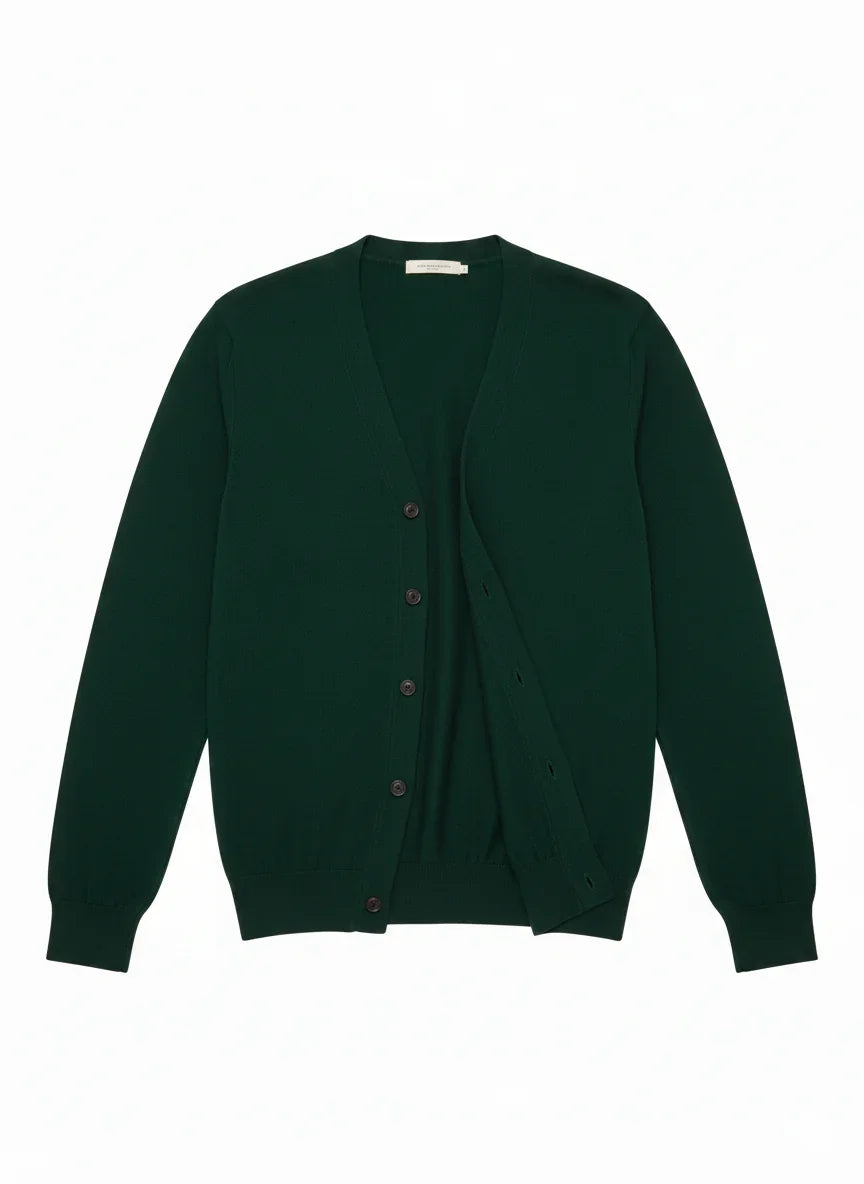 Cardigan verde bosco da uomo, manica lunga, chiusura a bottoni, stile elegante.