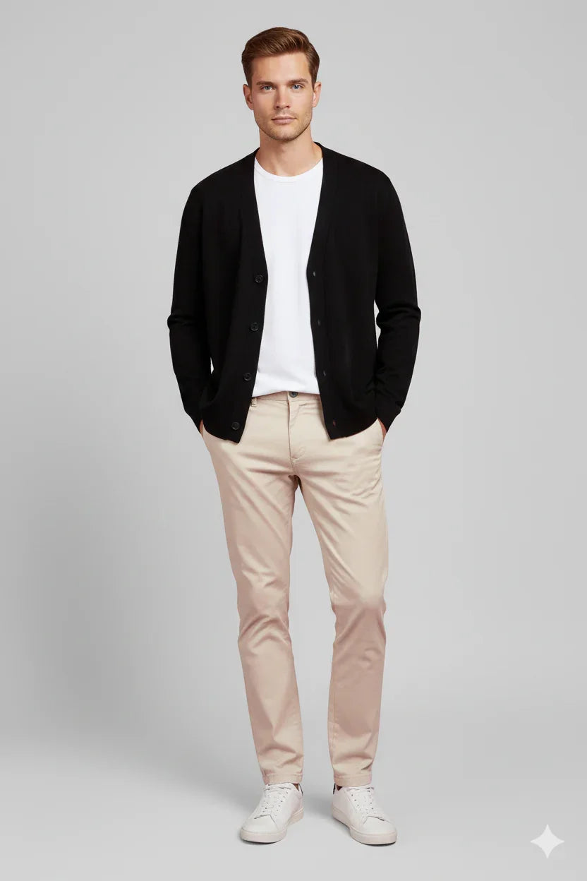 Cardigan blu notte da uomo con bottoni, stile casual, su sfondo neutro