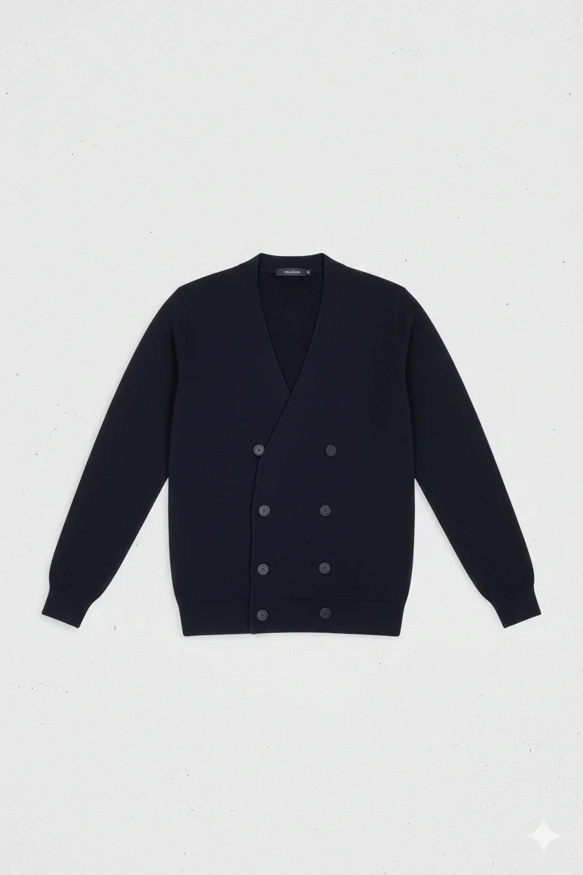 Cardigan blu notte da uomo con doppia abbottonatura e scollo a V, stile elegante