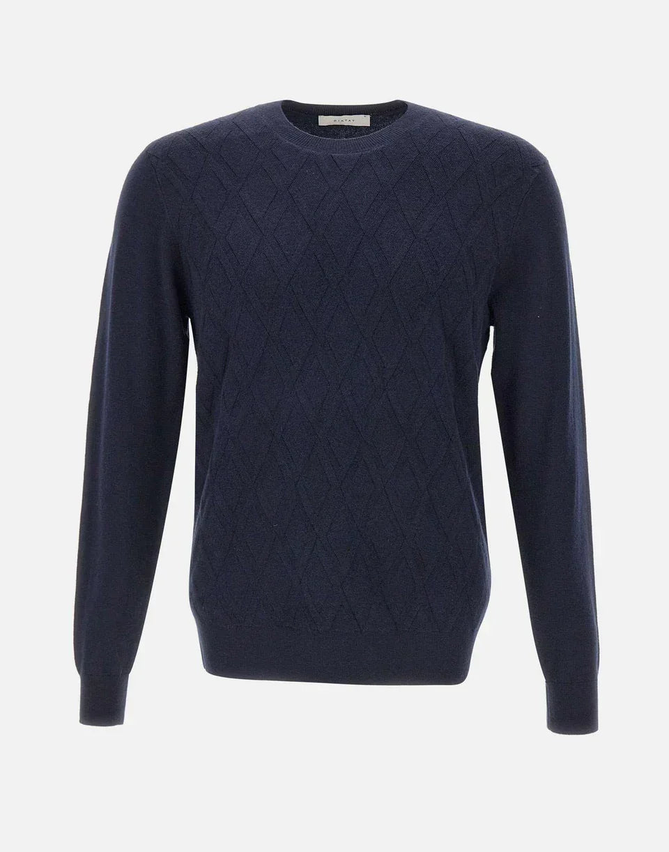 Maglia uomo blu notte a girocollo in maglia rasata con motivo rombi, stile elegante.