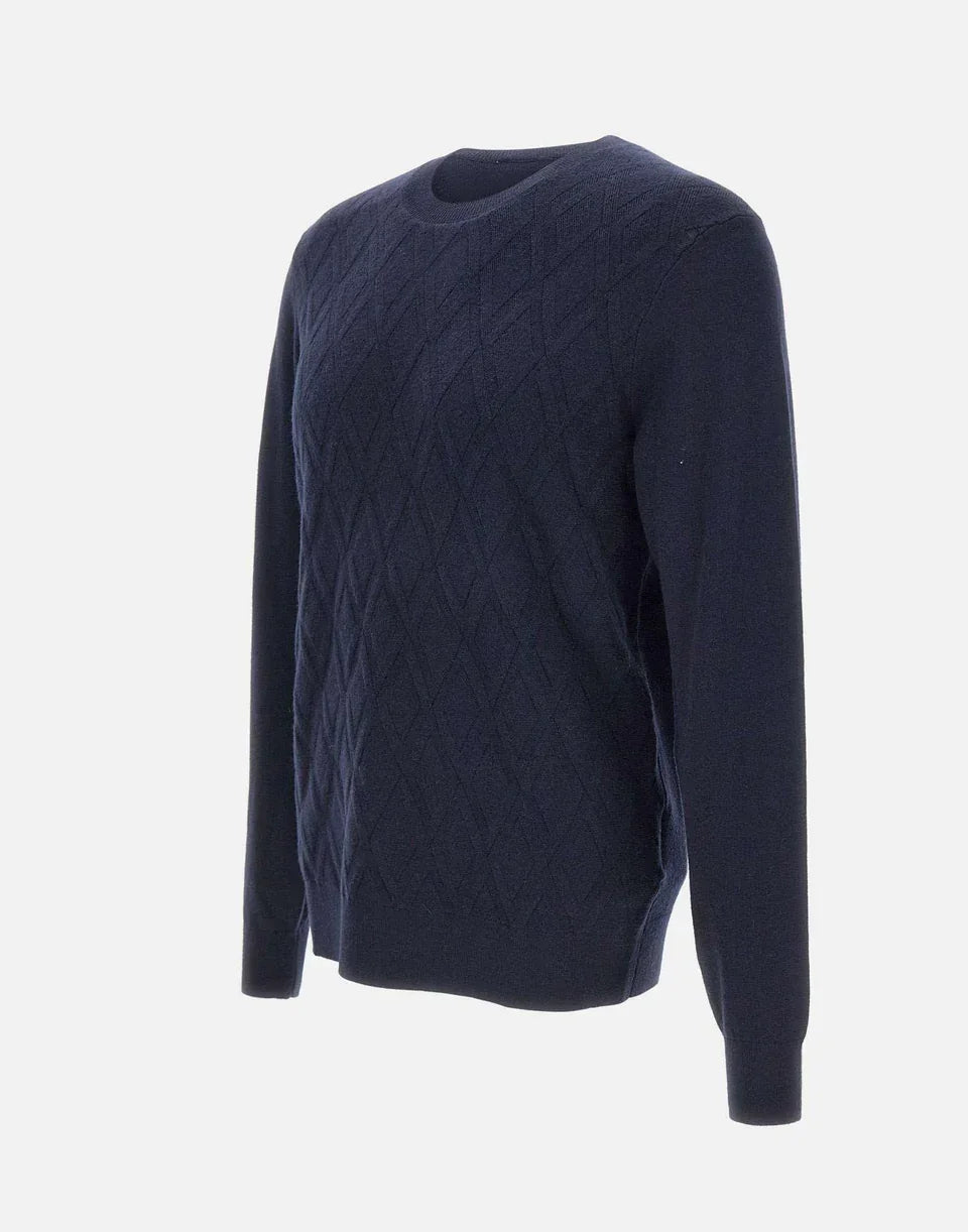 Maglia uomo blu notte in maglia intrecciata con motivo a rombi, manica lunga, stile elegante