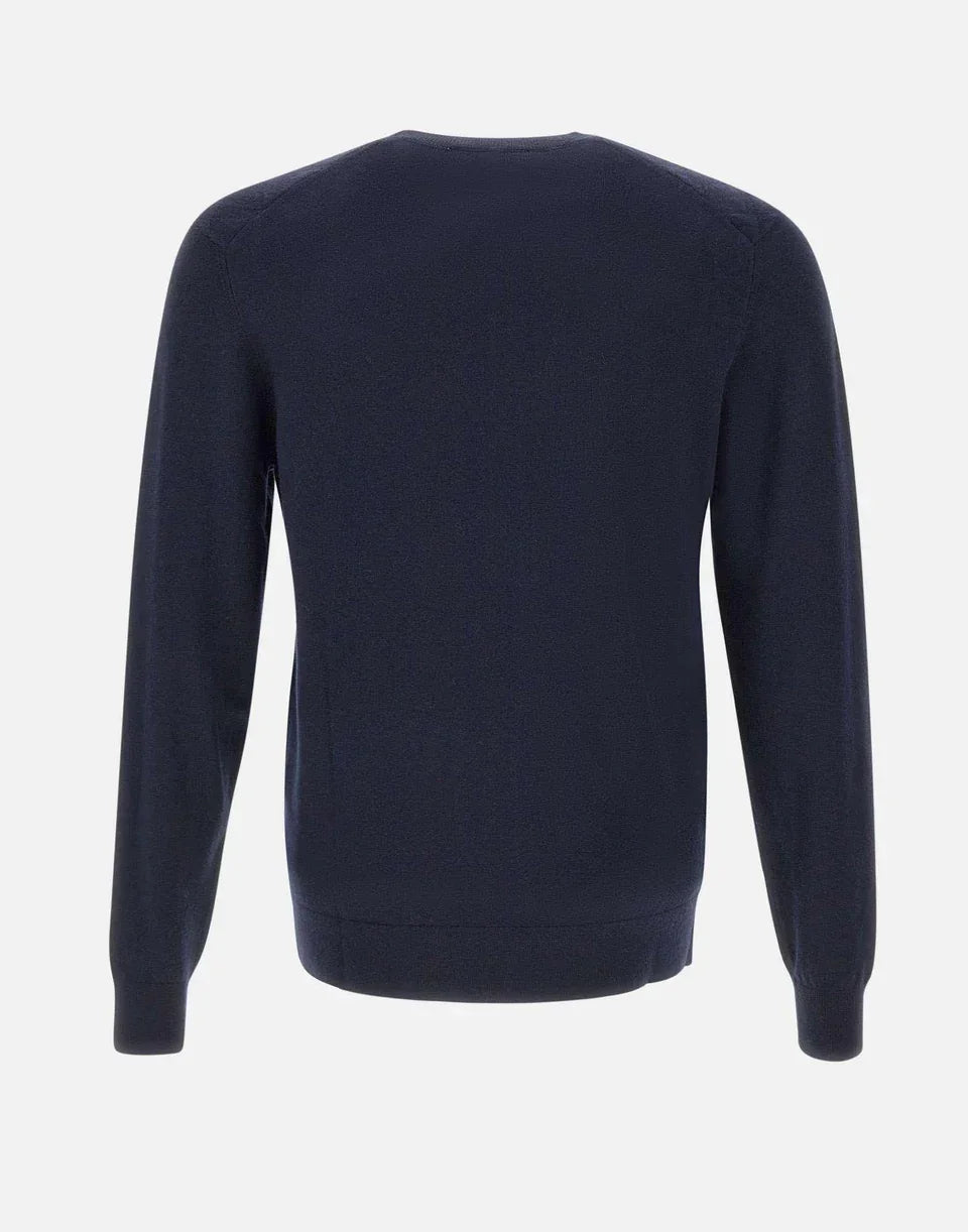 maglia uomo blu notte a maniche lunghe, vista posteriore, stile classico, tessuto fine