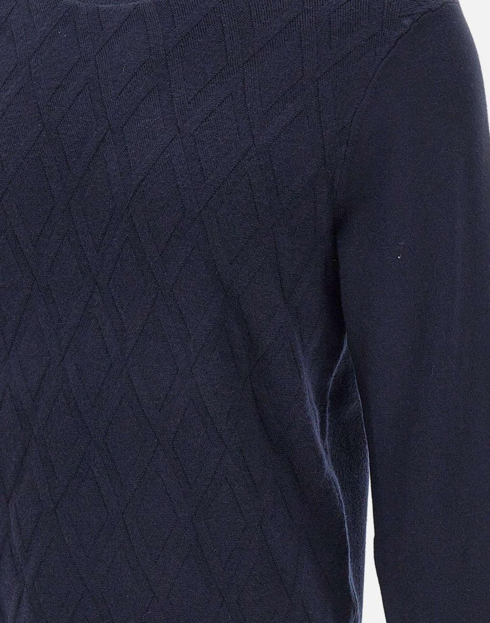 Maglia uomo blu notte in maglia lavorata con motivo geometrico tono su tono