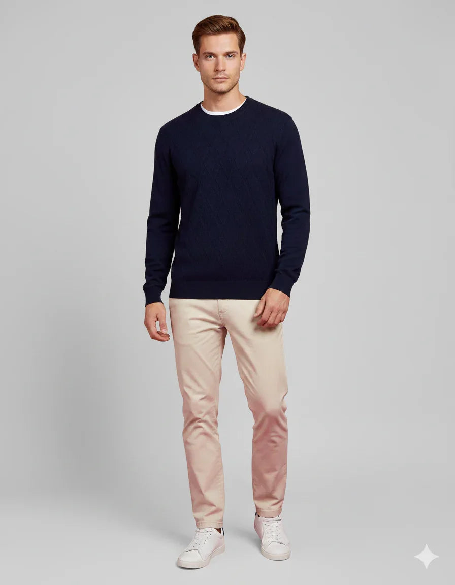 Maglia uomo blu notte a girocollo con lavorazione intrecciata, stile casual elegante