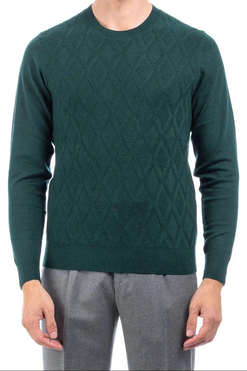 Maglione uomo verde bosco in lana con motivo rombi, manica lunga, vestibilità regular
