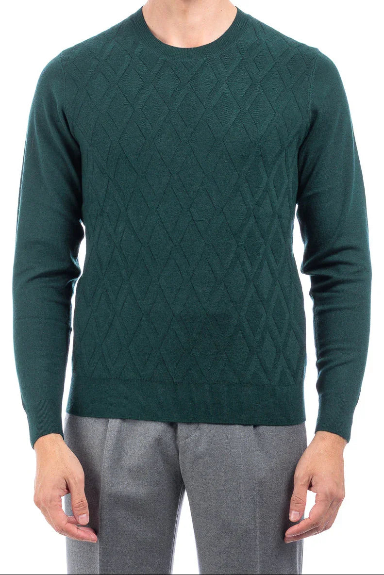 Maglione uomo verde bosco in lana con motivo rombi, manica lunga, vestibilità regular