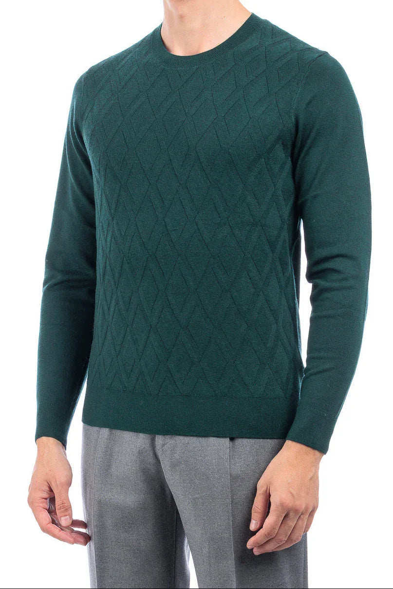 Maglia uomo verde bosco a rombi, collo tondo, maniche lunghe, stile elegante.