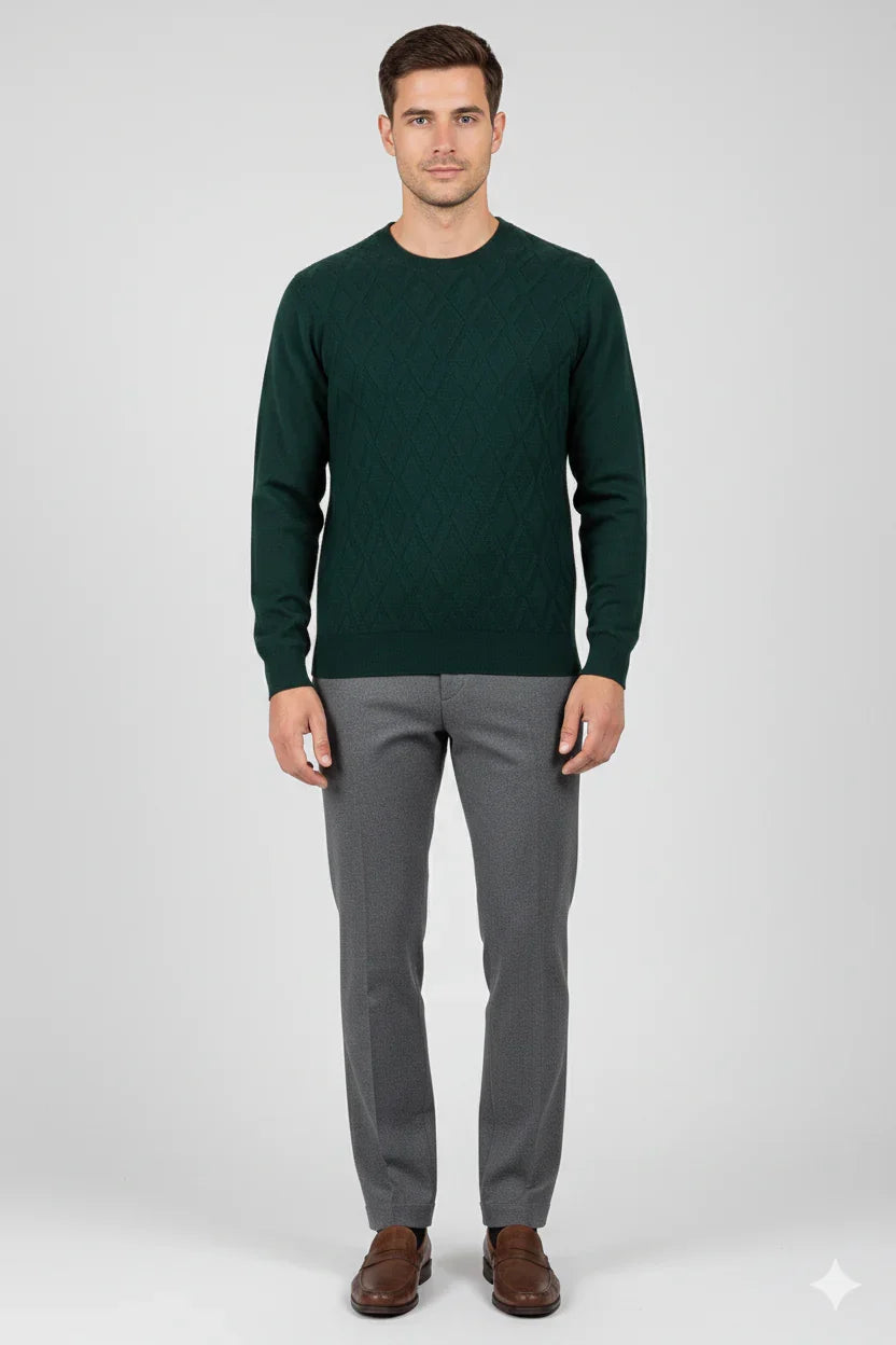 Maglione uomo verde bosco a rombi, manica lunga, stile elegante, moda Made in Italy