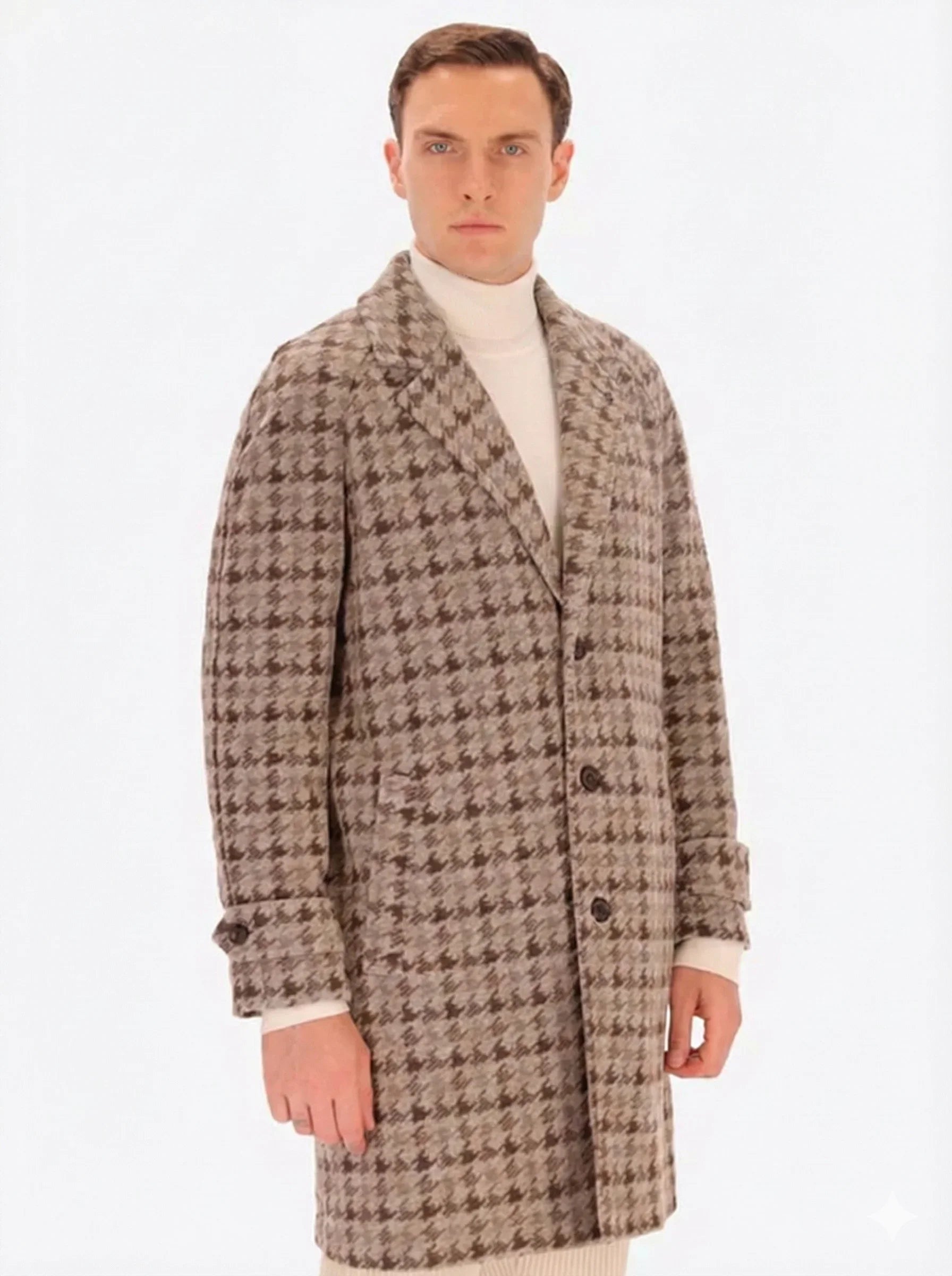 Cappotto uomo pied de poule marrone con bottoni e collo a rever, stile classico elegante