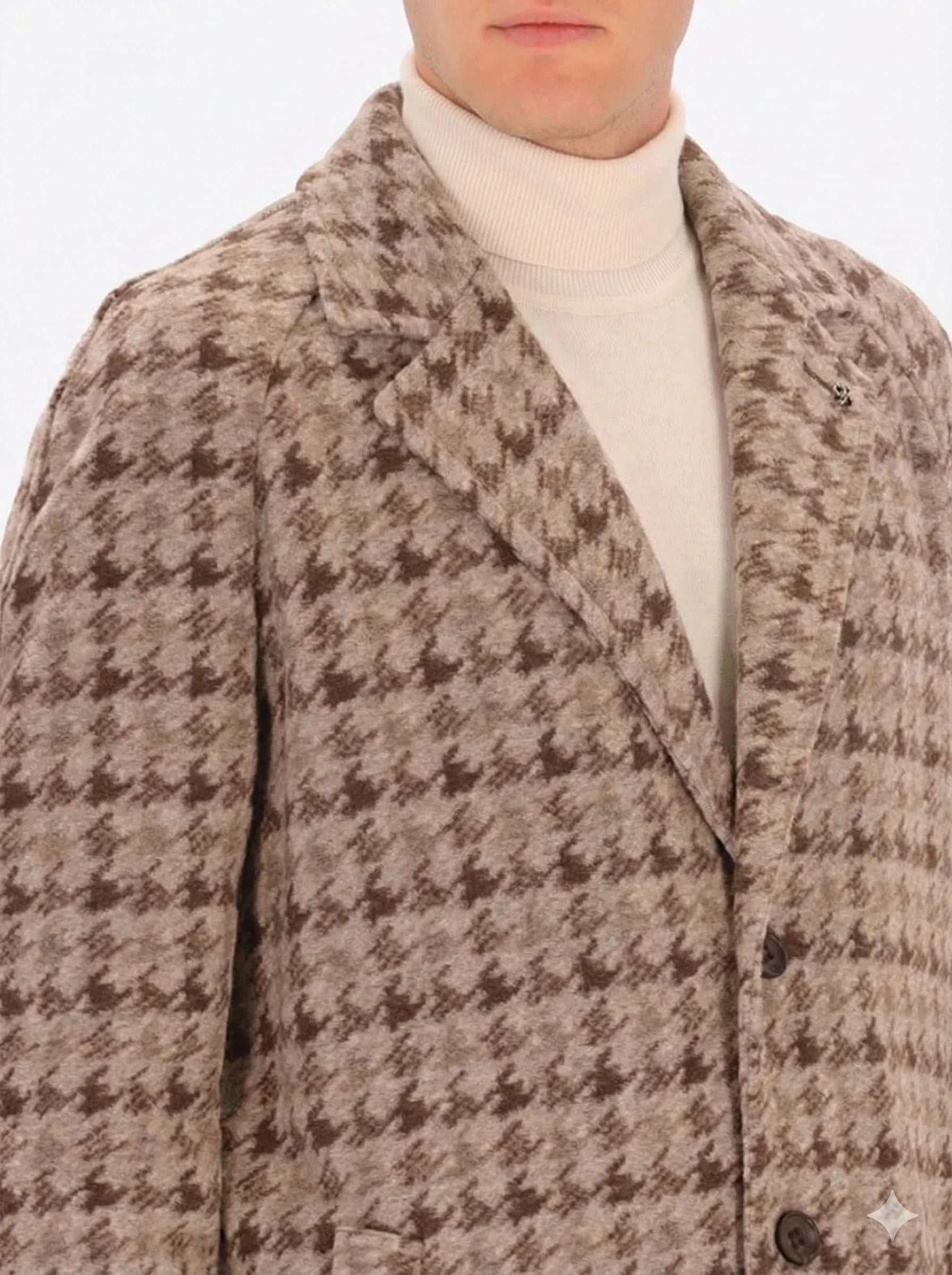 Cappotto uomo a fantasia pied de poule marrone beige con collo revers e bottoni