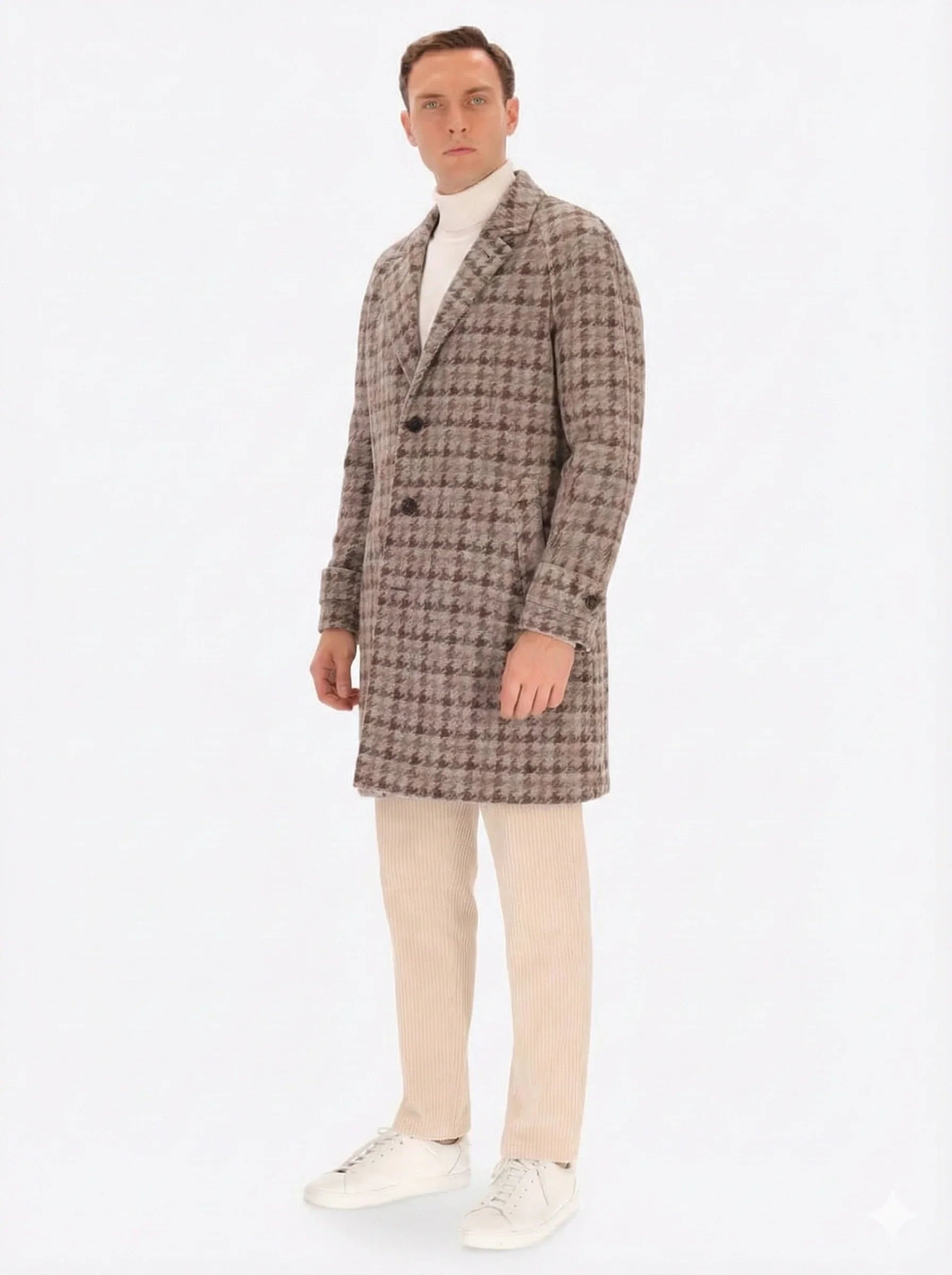 Cappotto uomo a quadri pied de poule marrone, stile classico, moda autunno inverno