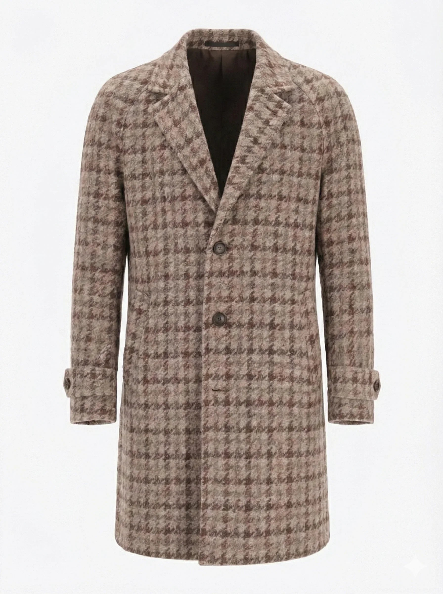 Cappotto uomo lungo in lana fantasia pied de poule marrone, stile classico elegante