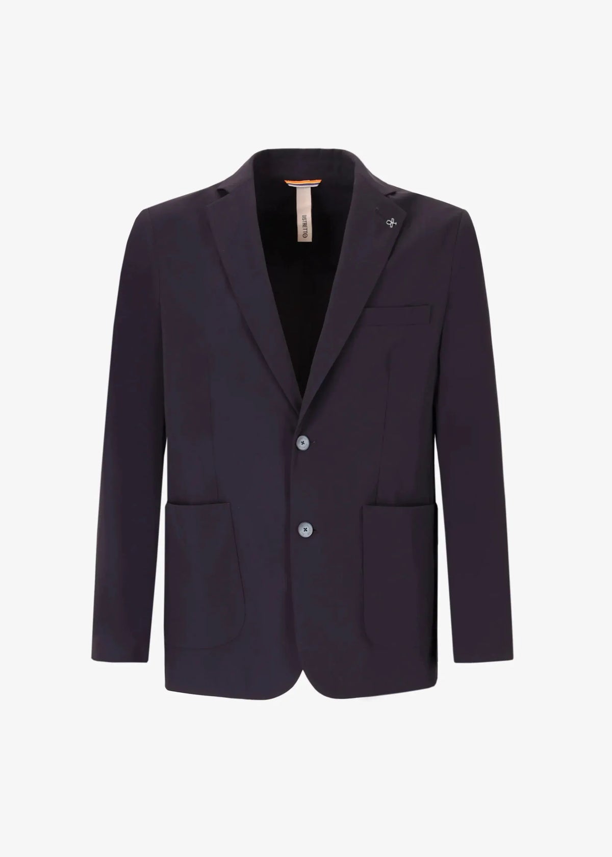Giacca uomo elegante blu scuro con due bottoni, tasche frontali e revers classico