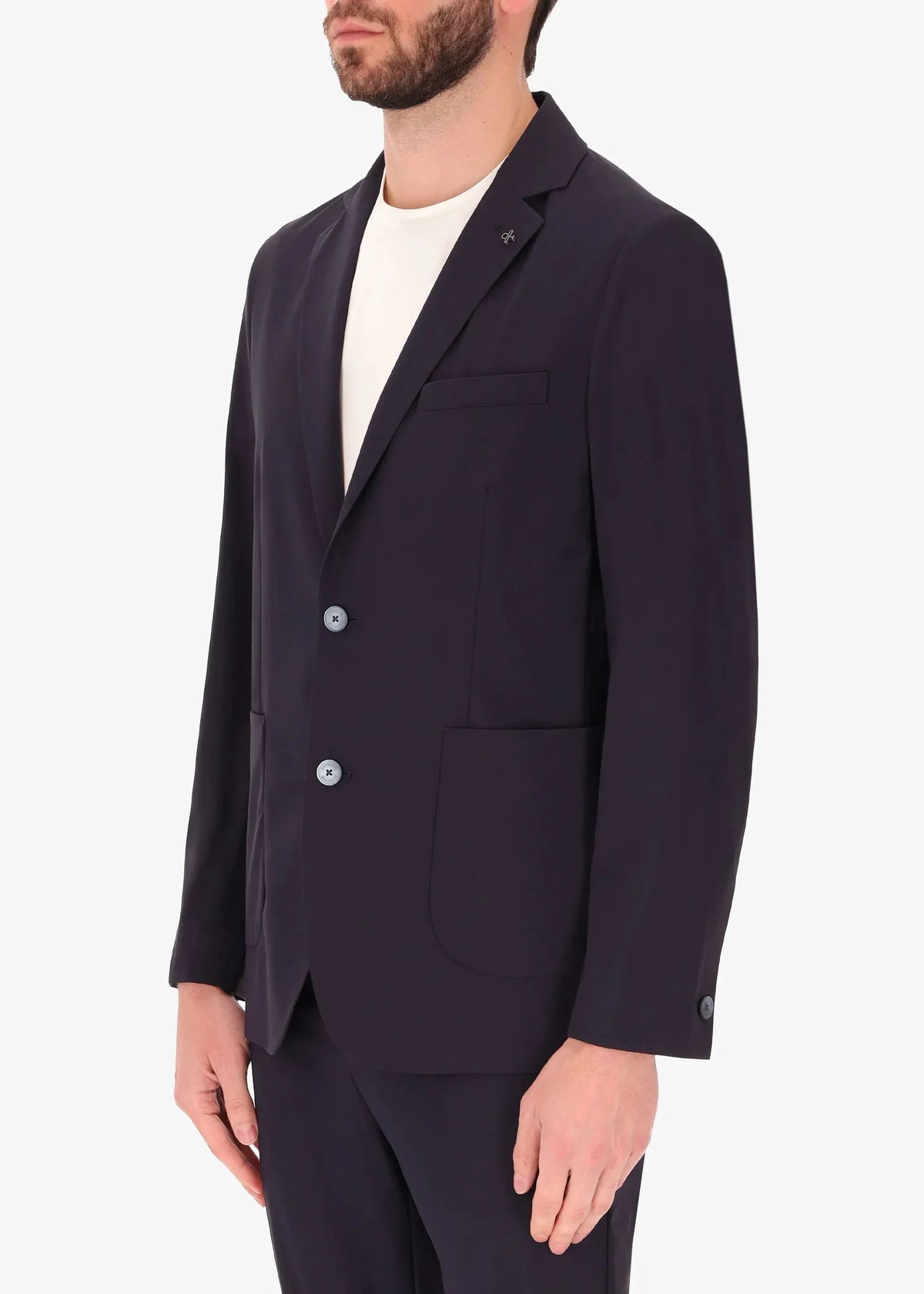 Giacca uomo elegante blu scuro con due bottoni, vestibilità moderna, tasche frontali