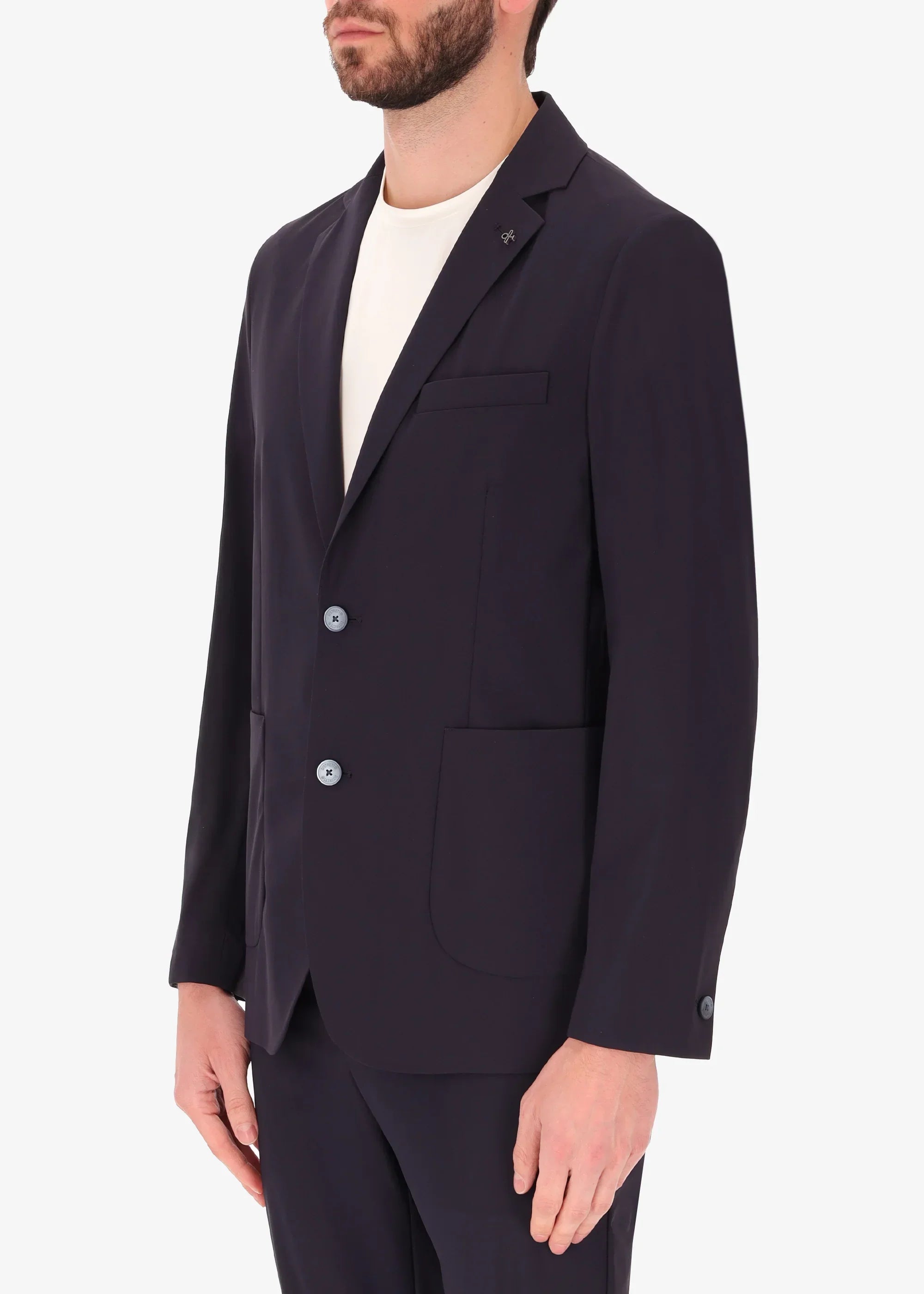 Giacca uomo elegante blu scuro con due bottoni, vestibilità moderna, tasche frontali