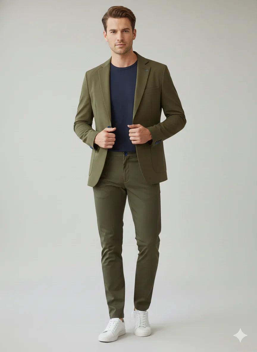 Completo uomo verde oliva, giacca e pantaloni slim fit, abbinati a t-shirt blu e sneakers bianche