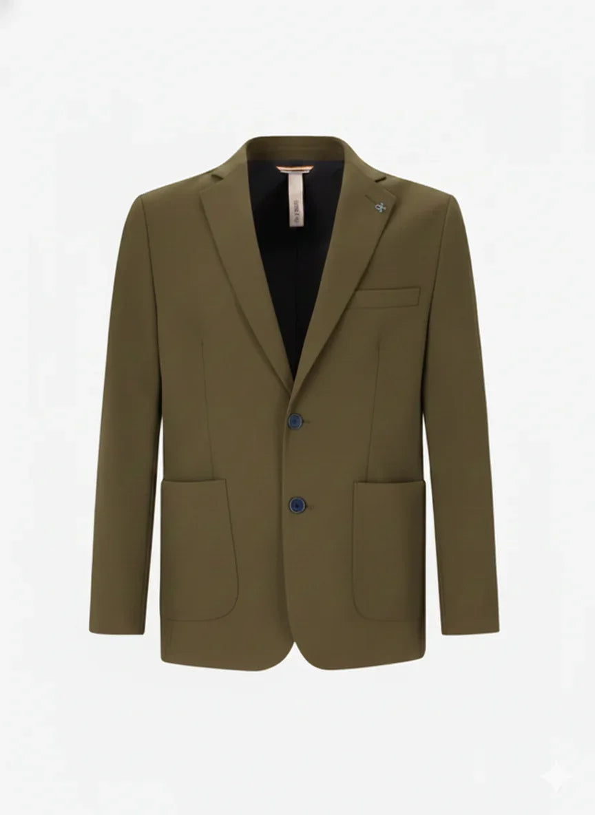 Giacca uomo verde oliva elegante con due bottoni e tasche frontali ampie