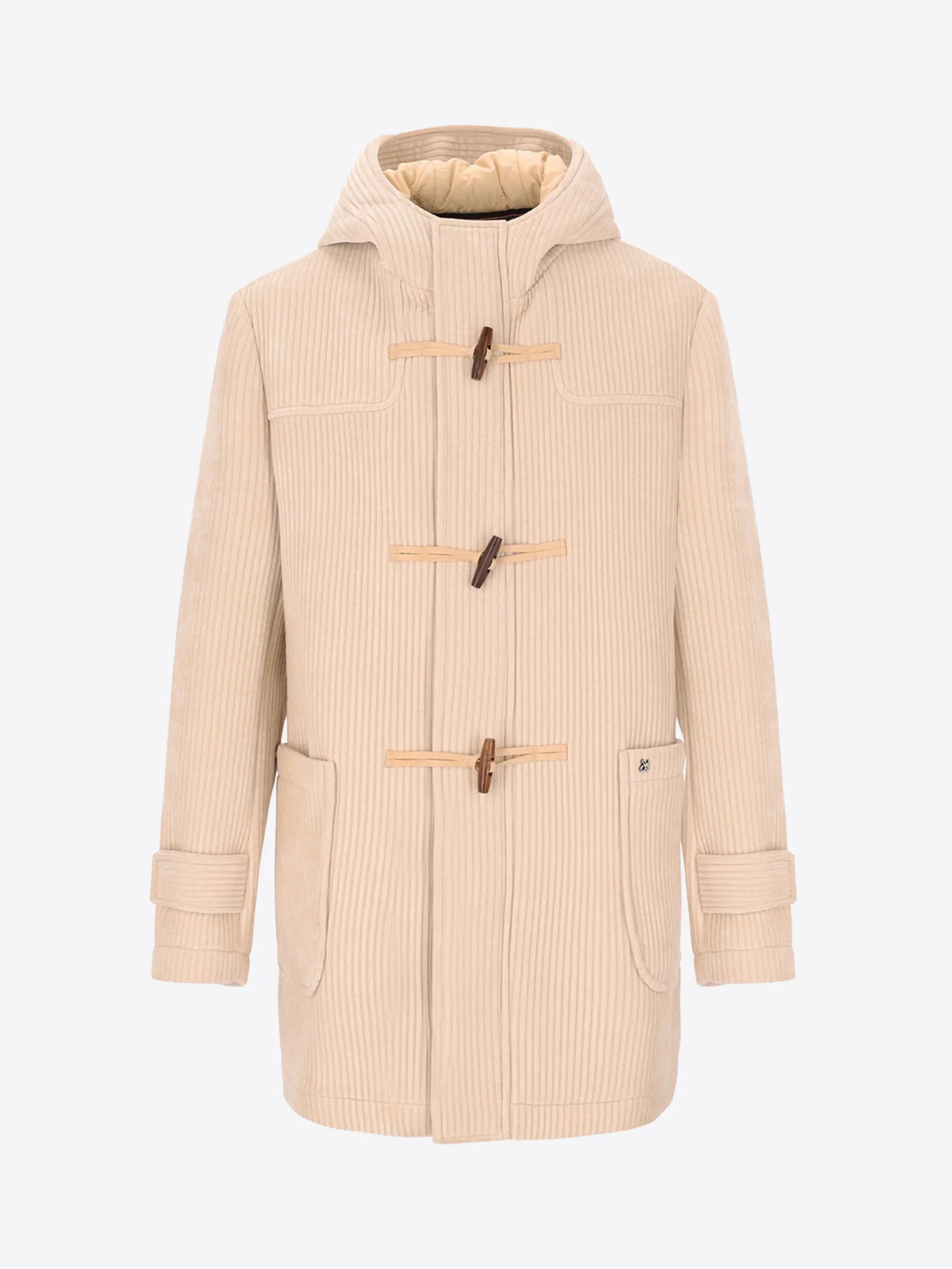 Cappotto uomo beige in velluto a coste con cappuccio e alamari, moda elegante invernale