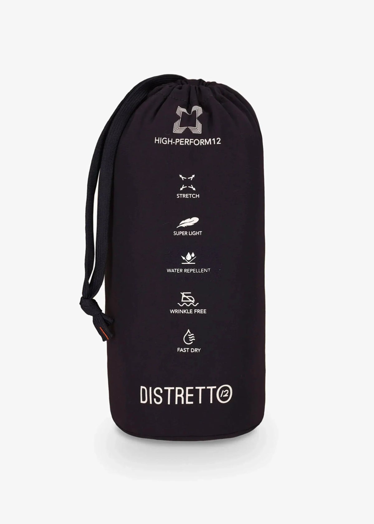 Sacca nera con logo Distretto12, icone caratteristiche stretch, leggero, idrorepellente, anti piega, asciugatura rapida.