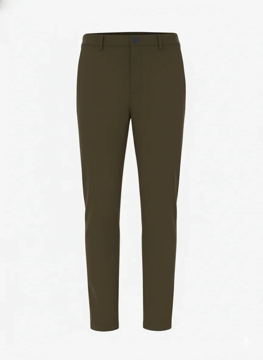 Pantalone uomo verde oliva, taglio classico, tessuto leggero, stile elegante.