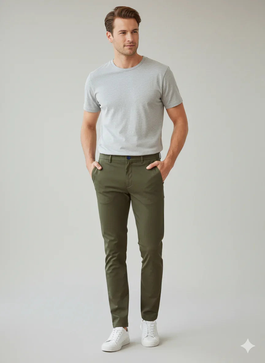 Pantalone verde da uomo slim fit, stile casual elegante, indossato con t-shirt grigia e sneakers bianche.